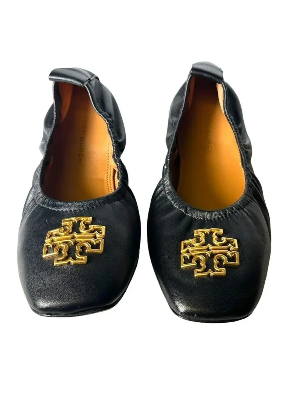 Tory Burch Britten Leather Ballet Flats Black Gold Logo 5.5M